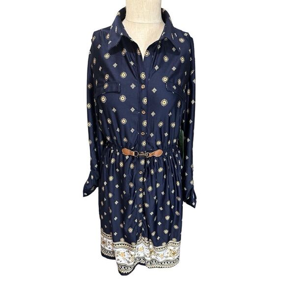 Always Indigo Womens Tunic Dress Button Up Elastic Waist Belted New XL petite ￼ - Picture 1 of 12